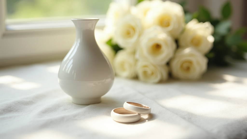 Couple célébrant leurs 20 ans de mariage avec un gâteau de porcelaine et des décorations blanches