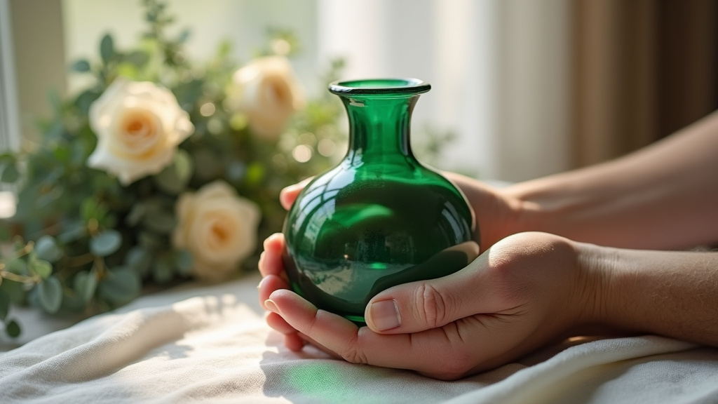Main ridée tenant une bague avec émeraude verte symbolisant l'amour de 40 ans