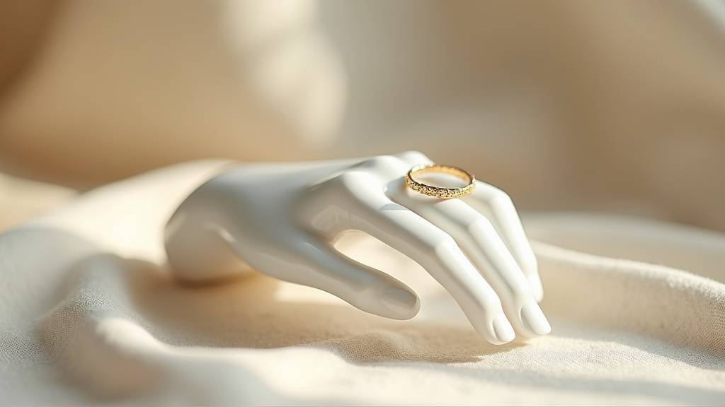 Une main portant plusieurs bagues légères et fines en or sur les doigts