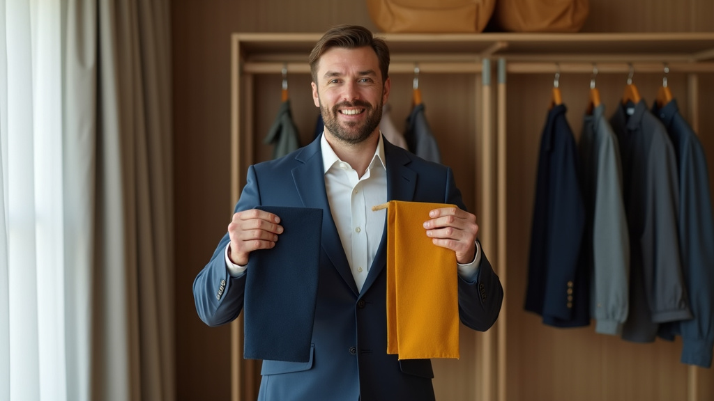 Homme portant une tenue intemporelle en bleu, gris et blanc dans un environnement urbain élégant