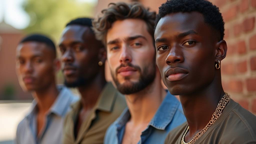 Gros plan sur une collection de boucles d'oreilles pour homme, incluant clous, créoles et bijoux pendant