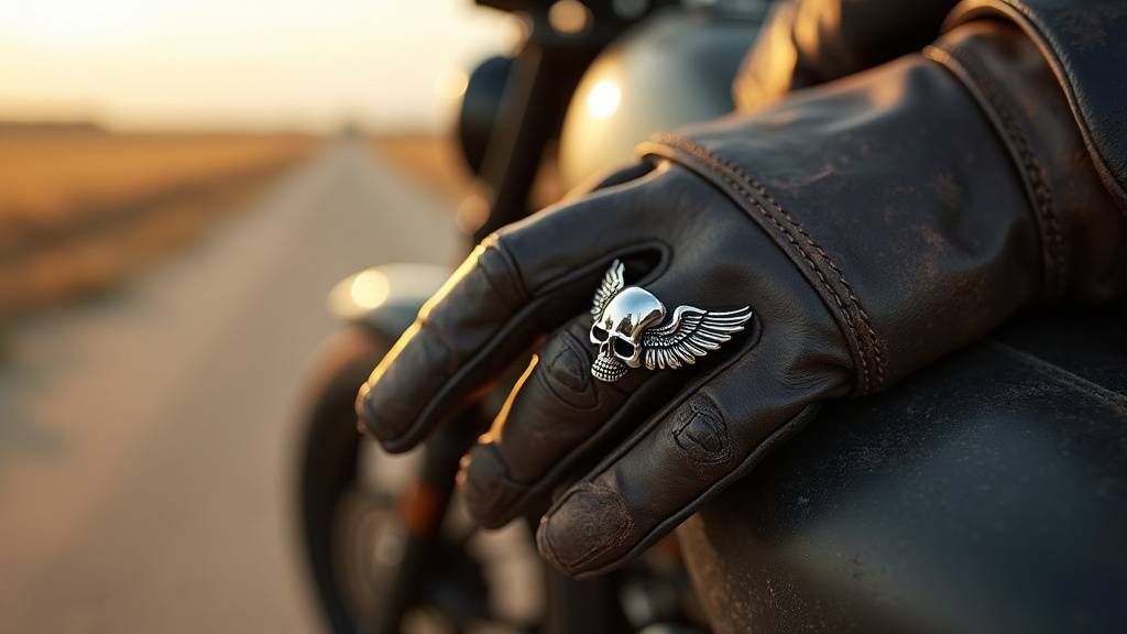Collection de bijoux motards en acier avec différents symboles gravés