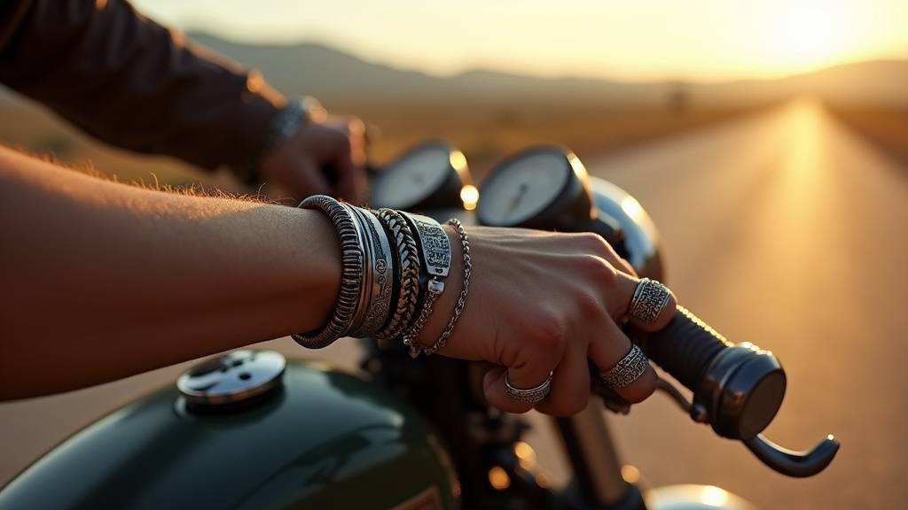 Motard portant une combinaison de cuir avec des bijoux motards en acier