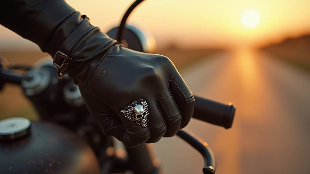 Motard portant des bijoux en acier avec symboles motards sur une route déserte