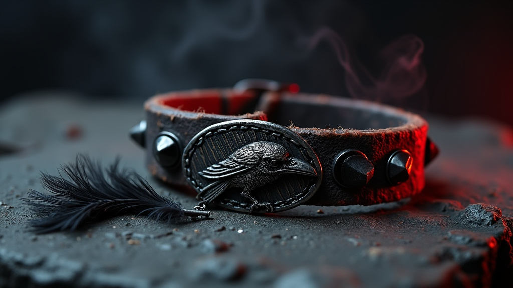 Main portant plusieurs bijoux metal typiques : bague crâne, bracelet cuir clouté et collier chaîne