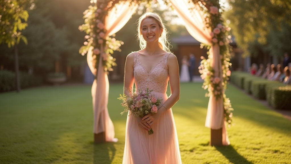 Robe d'été pastel en mousseline portée lors d'un mariage champêtre ensoleillé
