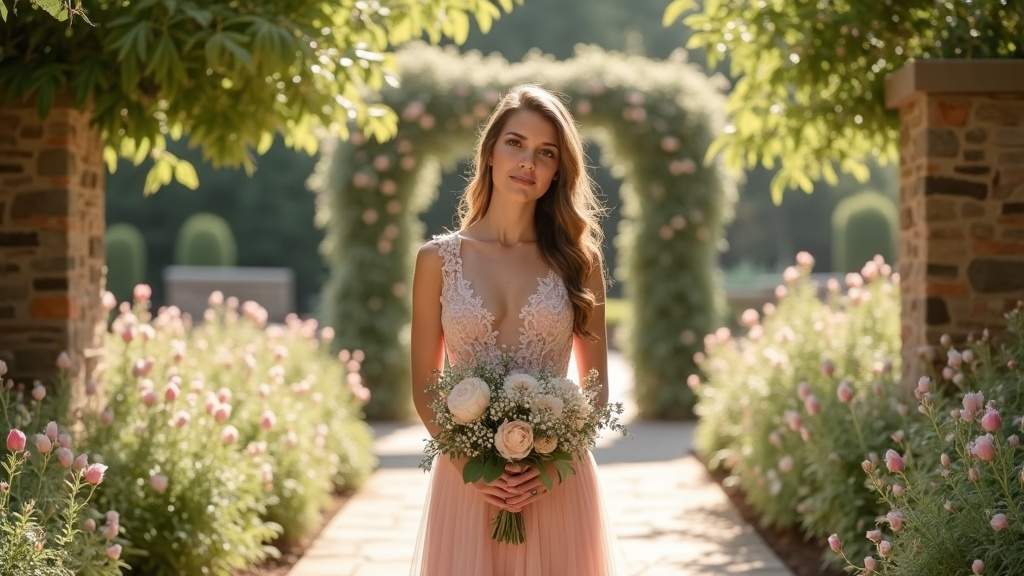 Robe d'invitée de mariage élégante en mousseline fluide, portée lors d'un mariage en extérieur ensoleillé