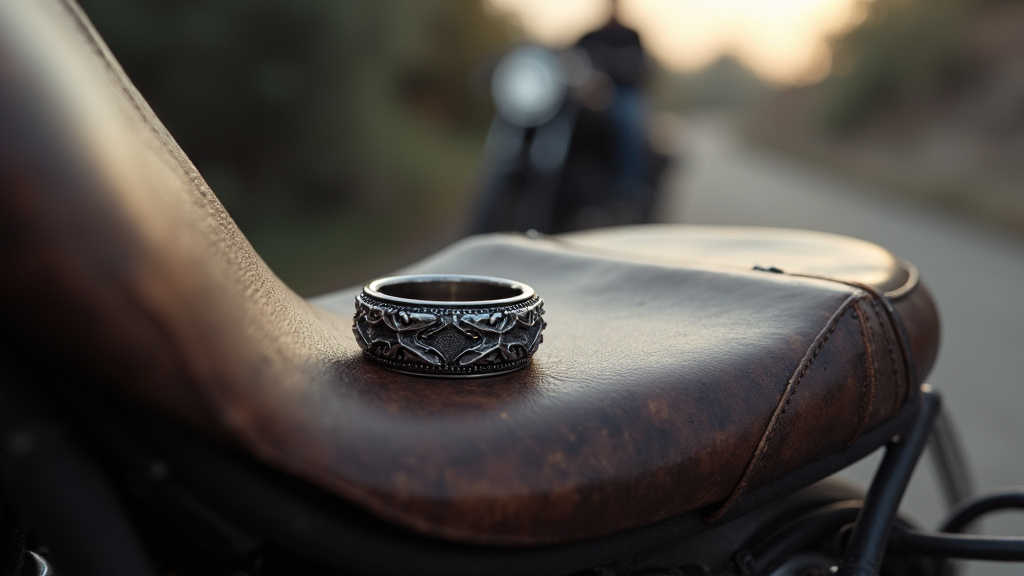 Main masculine portant une bague biker en acier avec motif de crâne