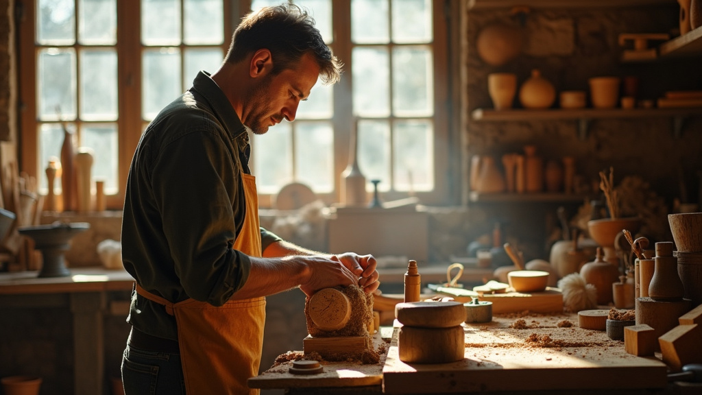 Artisan travaillant dans son atelier avec des outils traditionnels