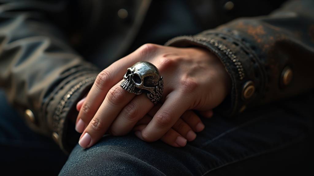 Main portant une bague crâne élégante en argent sur un fond sombre